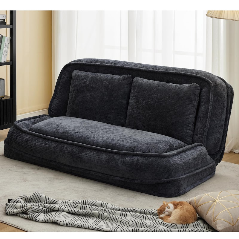 Pet Friendly Lazy Loveseat Sofa 2-in-1 Chenille Floor Couch Double Human Sleeper Bed with 5 Adjustable Position, Plump Pillows