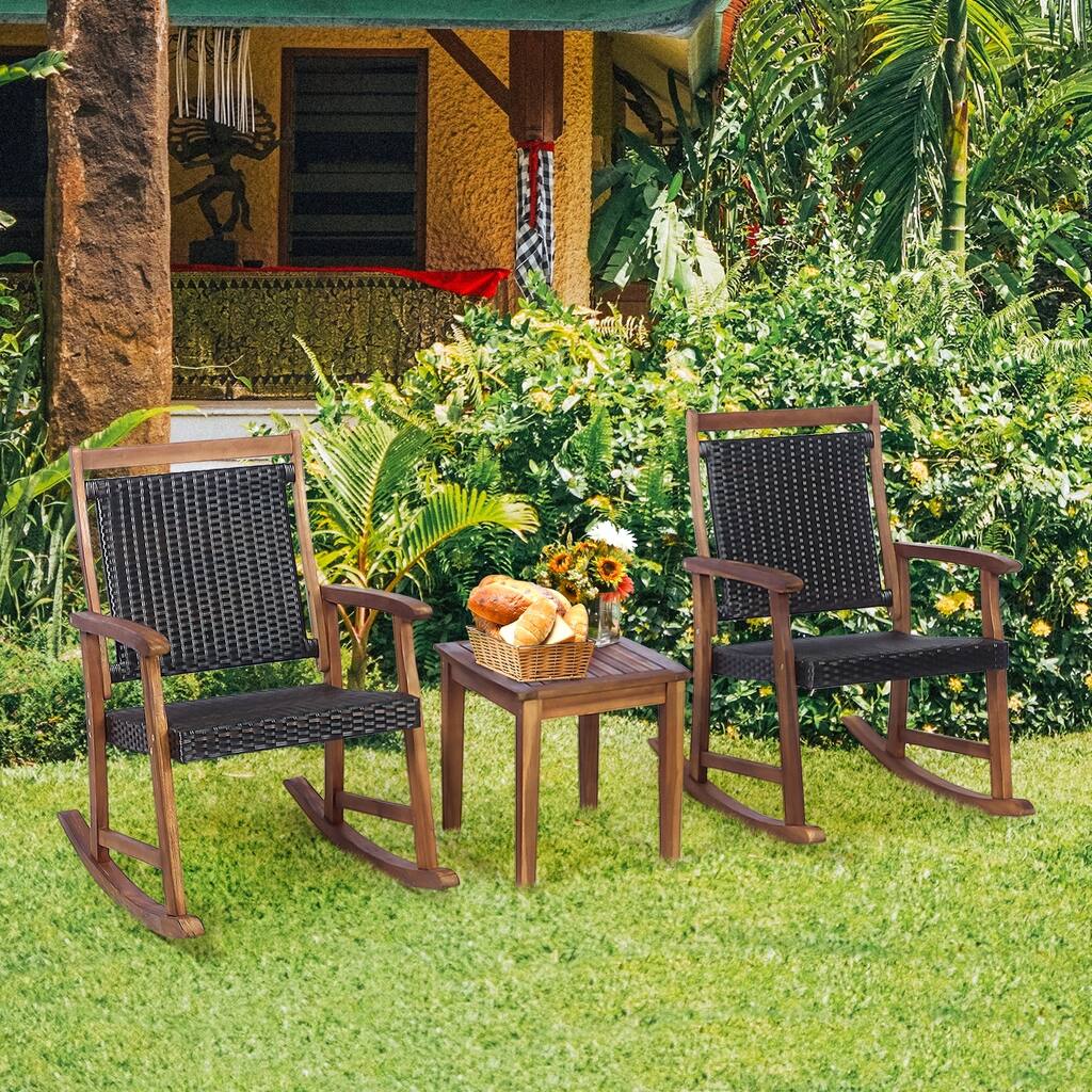 3-Pieces Acacia Wood Patio Rocking Chair Set with Side Table