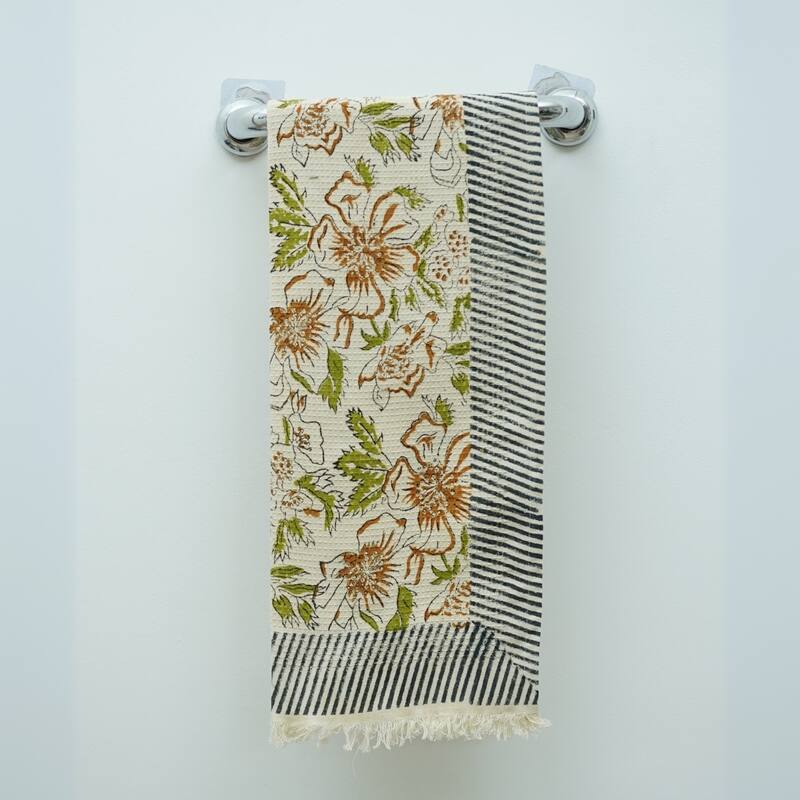 Fabdivine Hand Block Floral Print Waffle Weave Kitchen, Dining Room Use, Gift Hand Towel