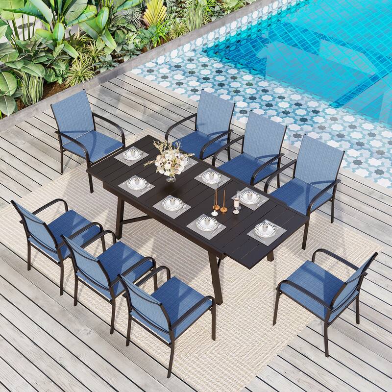 MAISON ARTS Outdoor Dining Set 7/9-Piece with Expandable Rectangular Metal Table and 6/8 Textilene Dining Chairs - 9-Piece-Blue