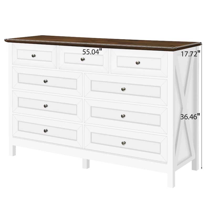 Wooden Rustic Storage Dresser with 9 Drawers and Silver Handles