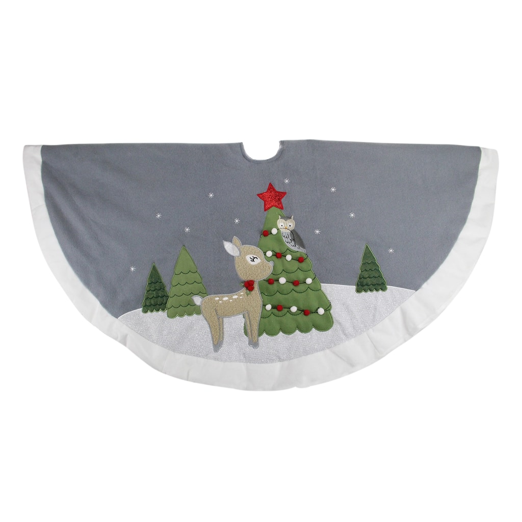 48" Gray and White Deer with Owl Christmas Tree Skirt