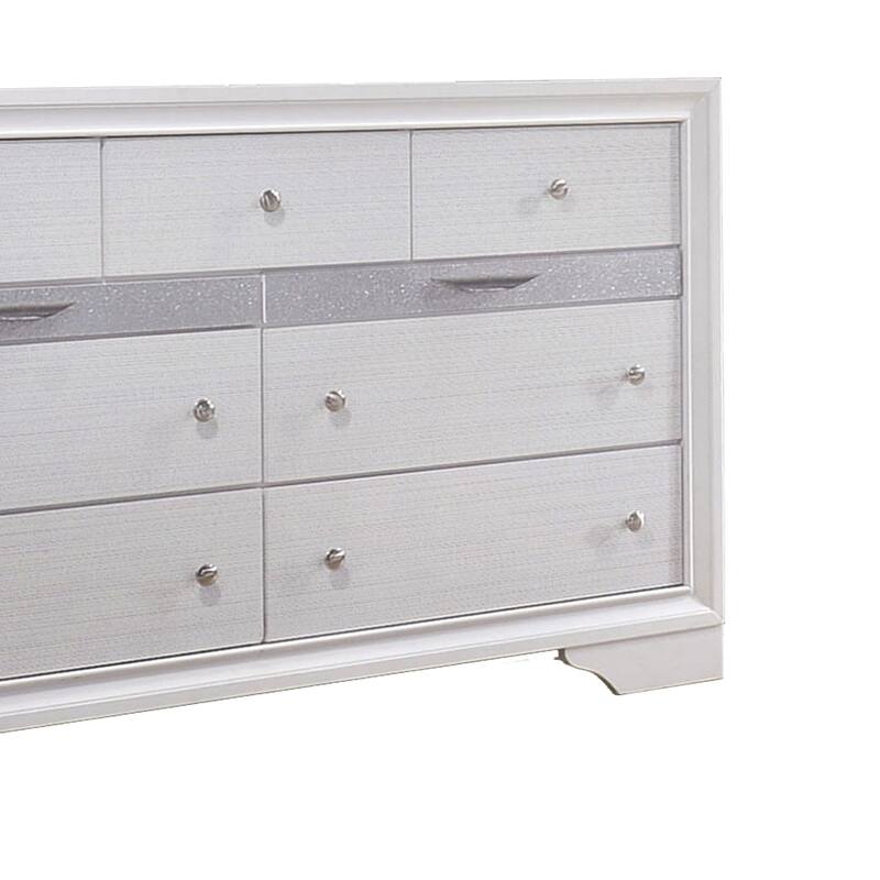 Wooden Dresser with 7 Drawers and 2 Jewelry Drawer, White and Silver