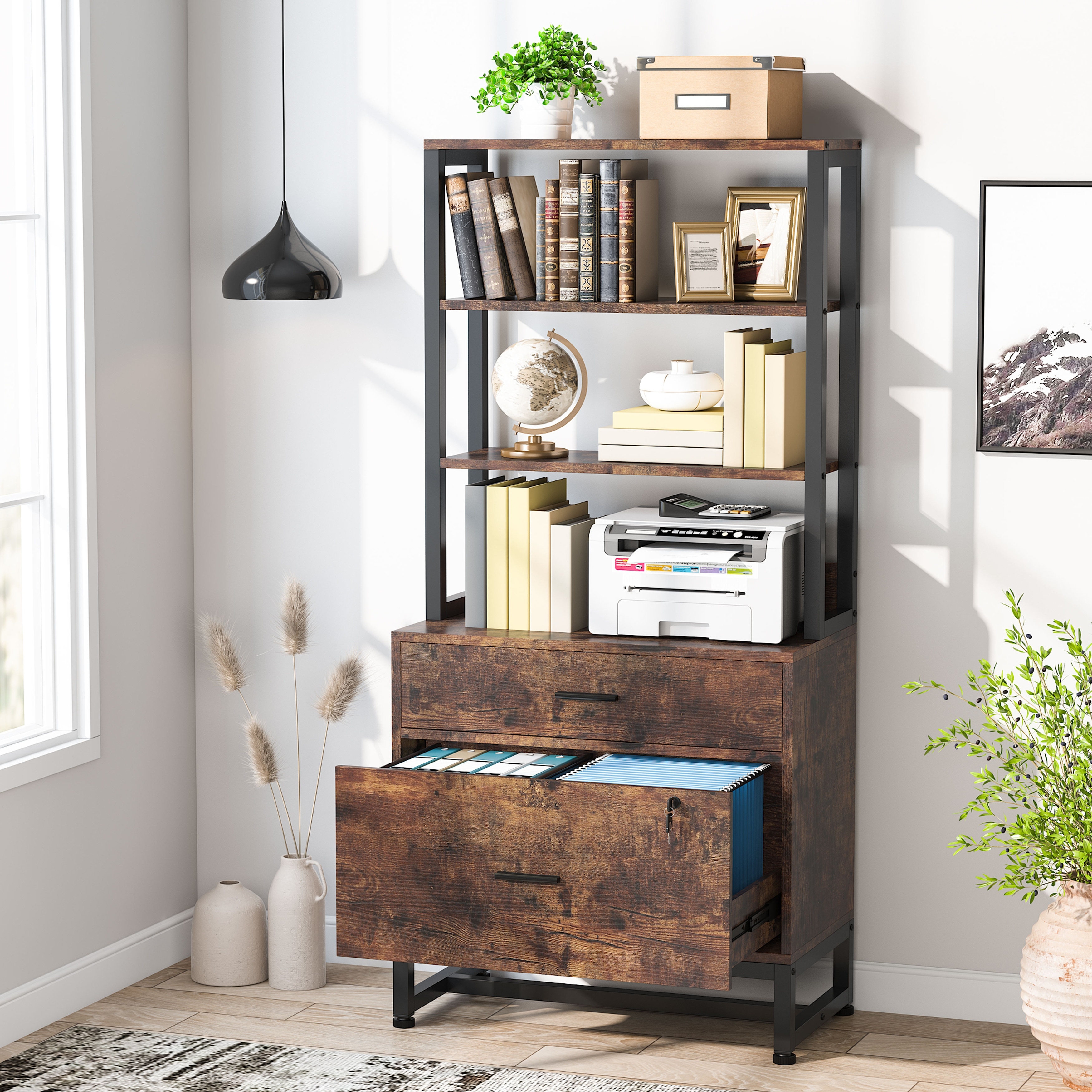 Brown/ Black Wood Industrail File Cabinet with Lock, Mdern Bookshelf with 2 Drawers, Etagere Bookcase