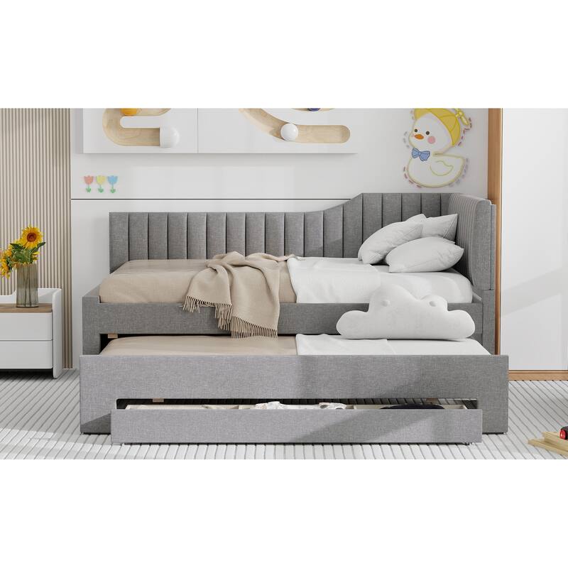 Upholstered Linen Bed Frame, Full Size Daybed with Pull-out Trundle and Storage Three Drawers for Bedroom/Apartment