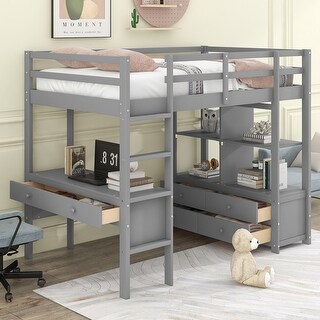 Twin Size Pine Wood Loft Bed with Built-in Desk with Two Drawers, and Storage Shelves and Drawers