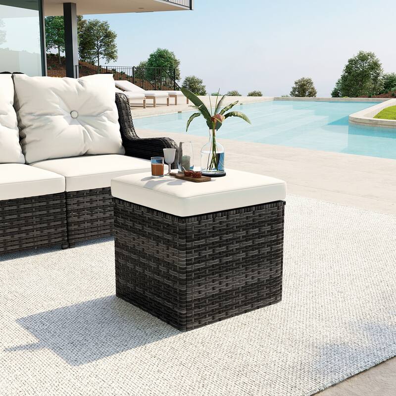 Outdoor 17.7" W Square Rattan Ottoman Patio Ottoman with Seat Cushion