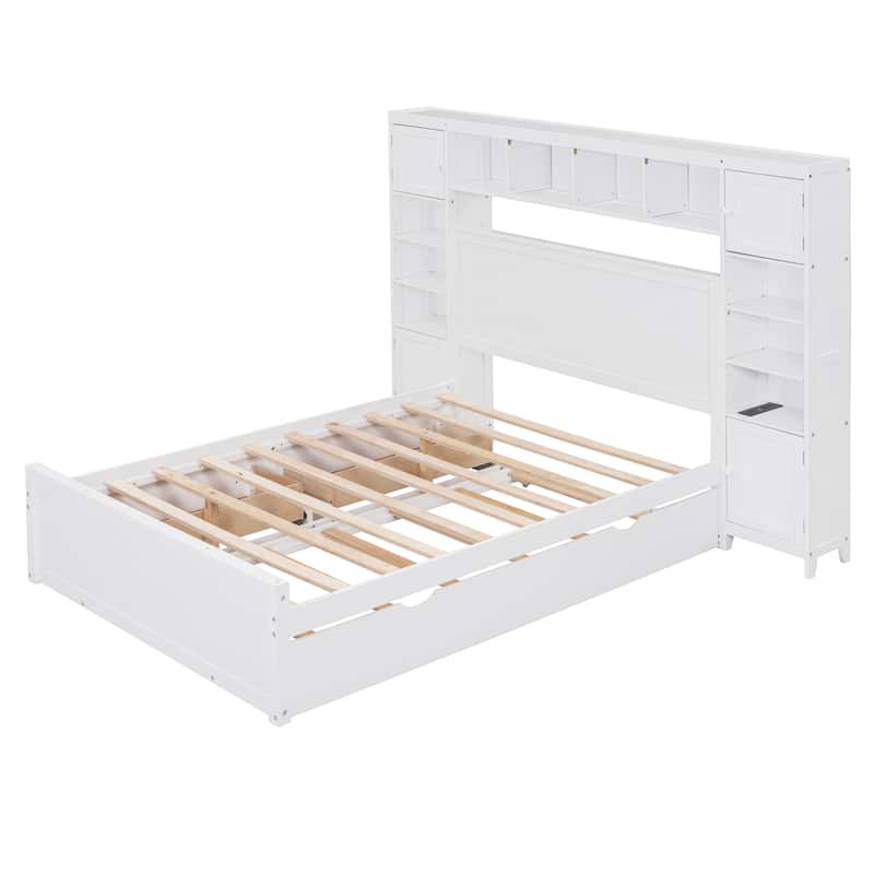 Full Size Wooden Bed with Built-in Cabinet, Shelf, Outlets, and Trundle in White