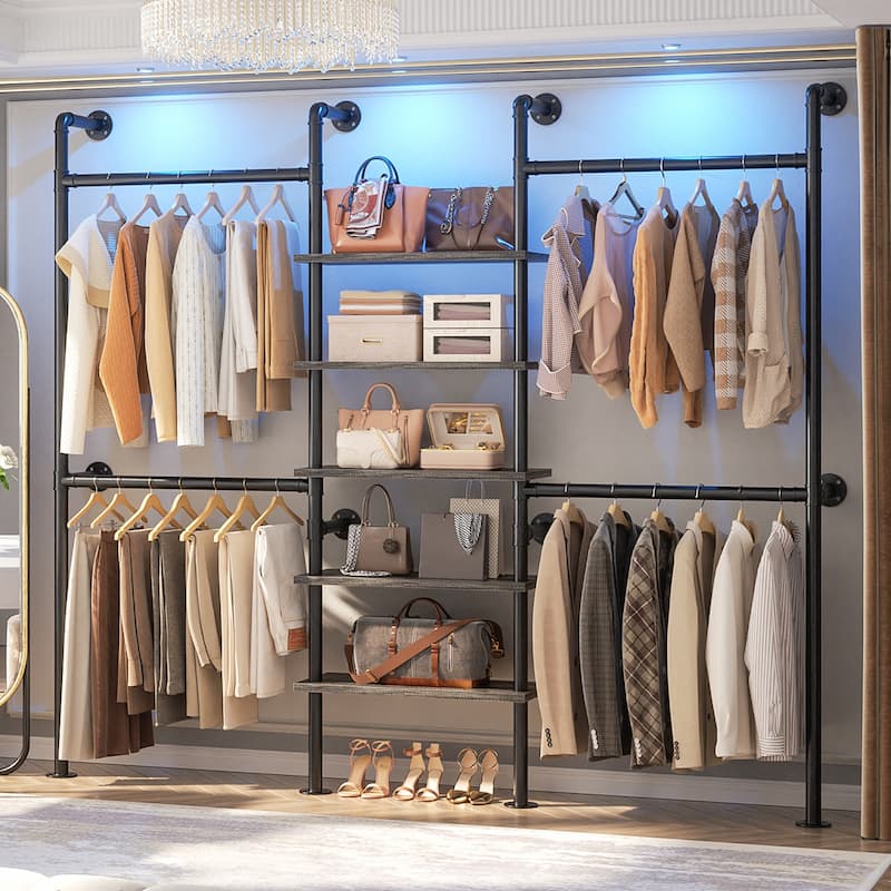 77'' Industrial Pipe Clothing Rack with 5-Tier Shelves, Reversible Closet Organizer System Garment Racks for Hanging Clothes - Black Oak