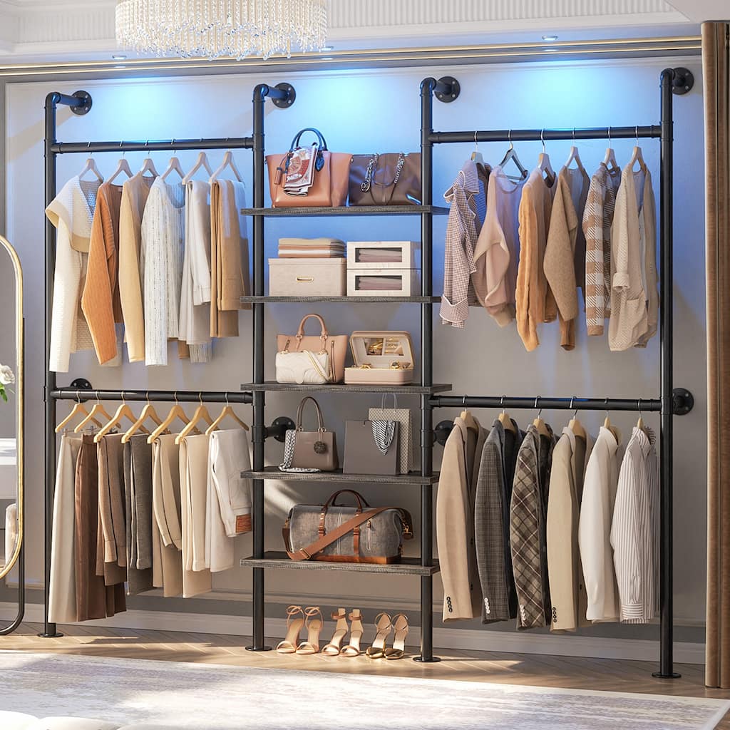 77'' Industrial Pipe Clothing Rack with 5-Tier Shelves, Reversible Closet Organizer System Garment Racks for Hanging Clothes