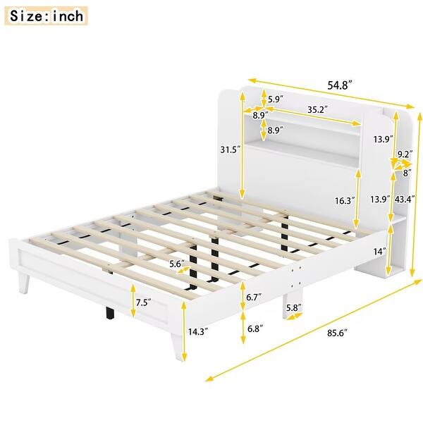 White Full Size Platform Bed with Storage Bookshelf Headboard