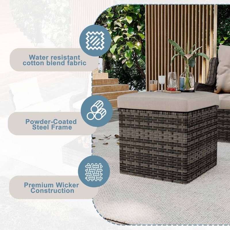 Outdoor Patio PE Wicker Ottoman with Cushion Set of 2