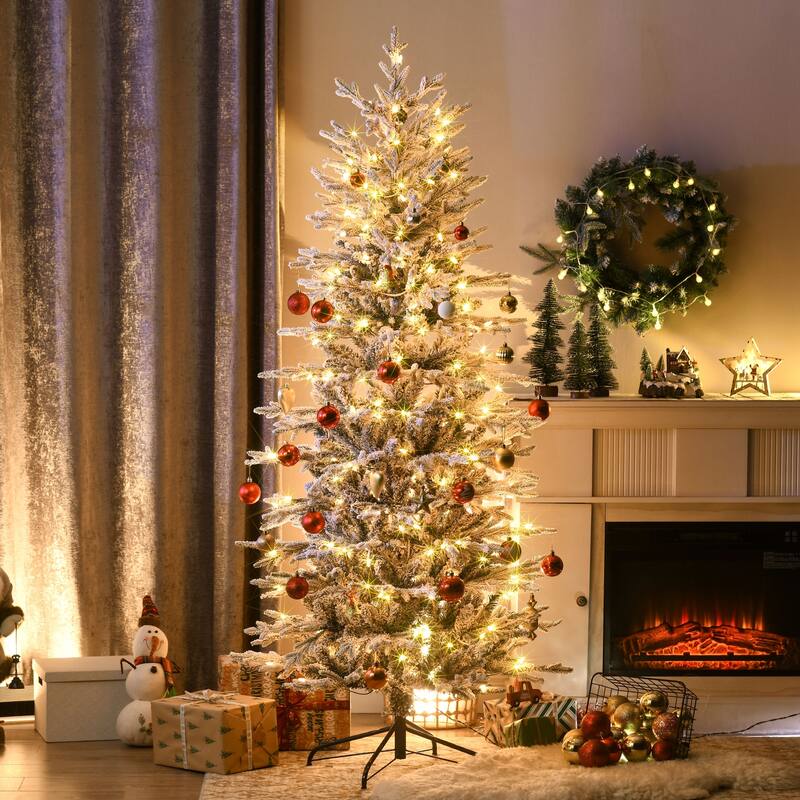 HOMCOM Pre-Lit Artificial Christmas Tree - Snow Flocked Branches, Warm Yellow Lights, Auto Open, Extra Bulb - Green