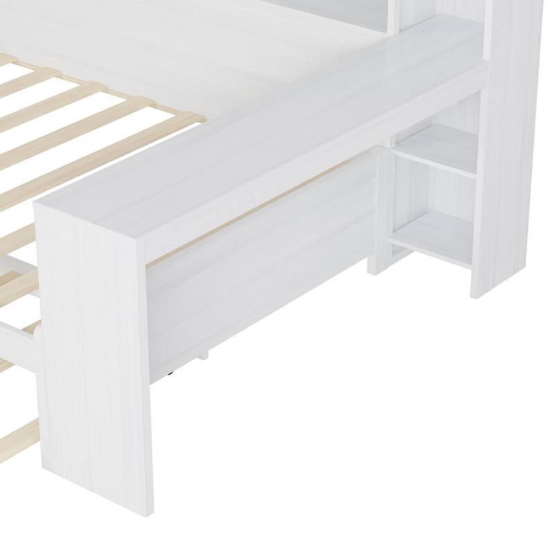 Wooden Twin Size Daybed with Storage Shelves, Multi-functional Bed with Twin Size Trundle Bed and Study Desk