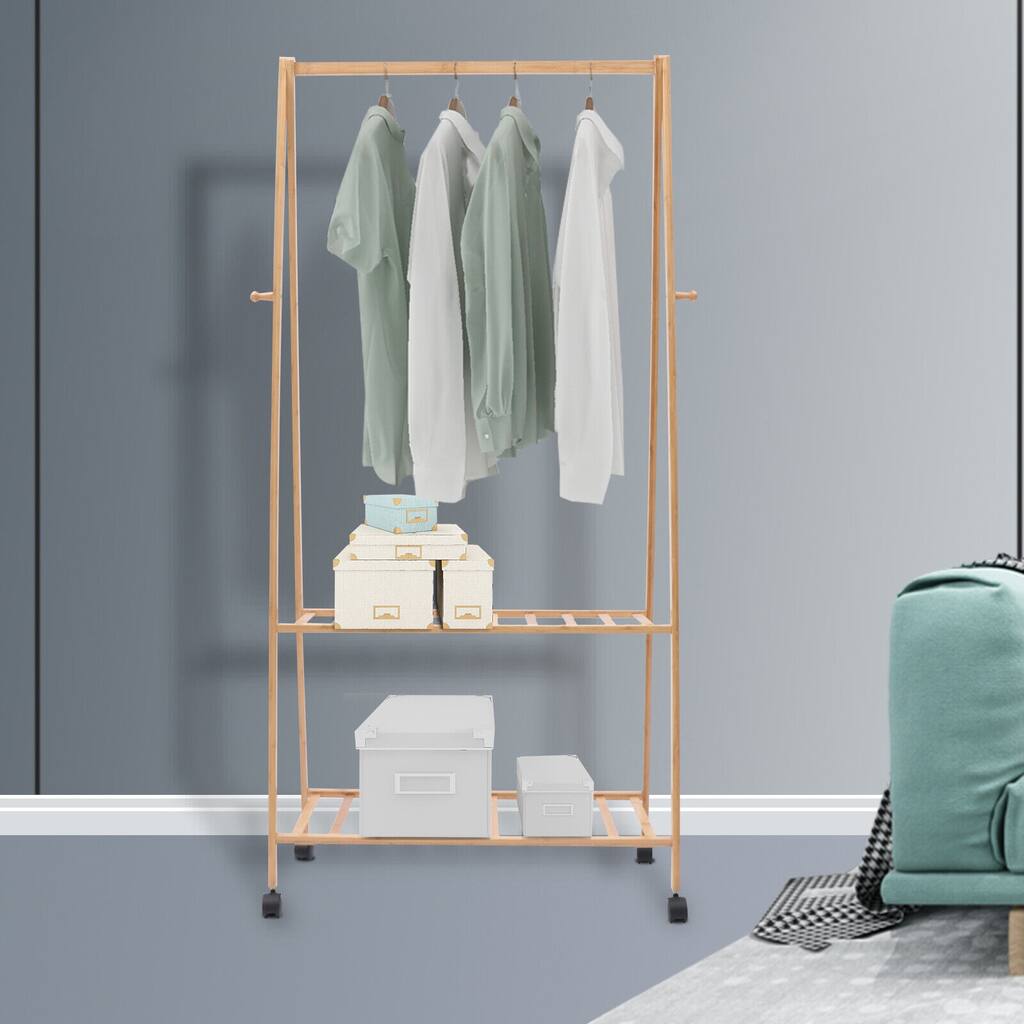 Bamboo Wood Coat Rack Triangle Stand Clothes Hanging Rail Rack Shelf - 27.56*13*59inch