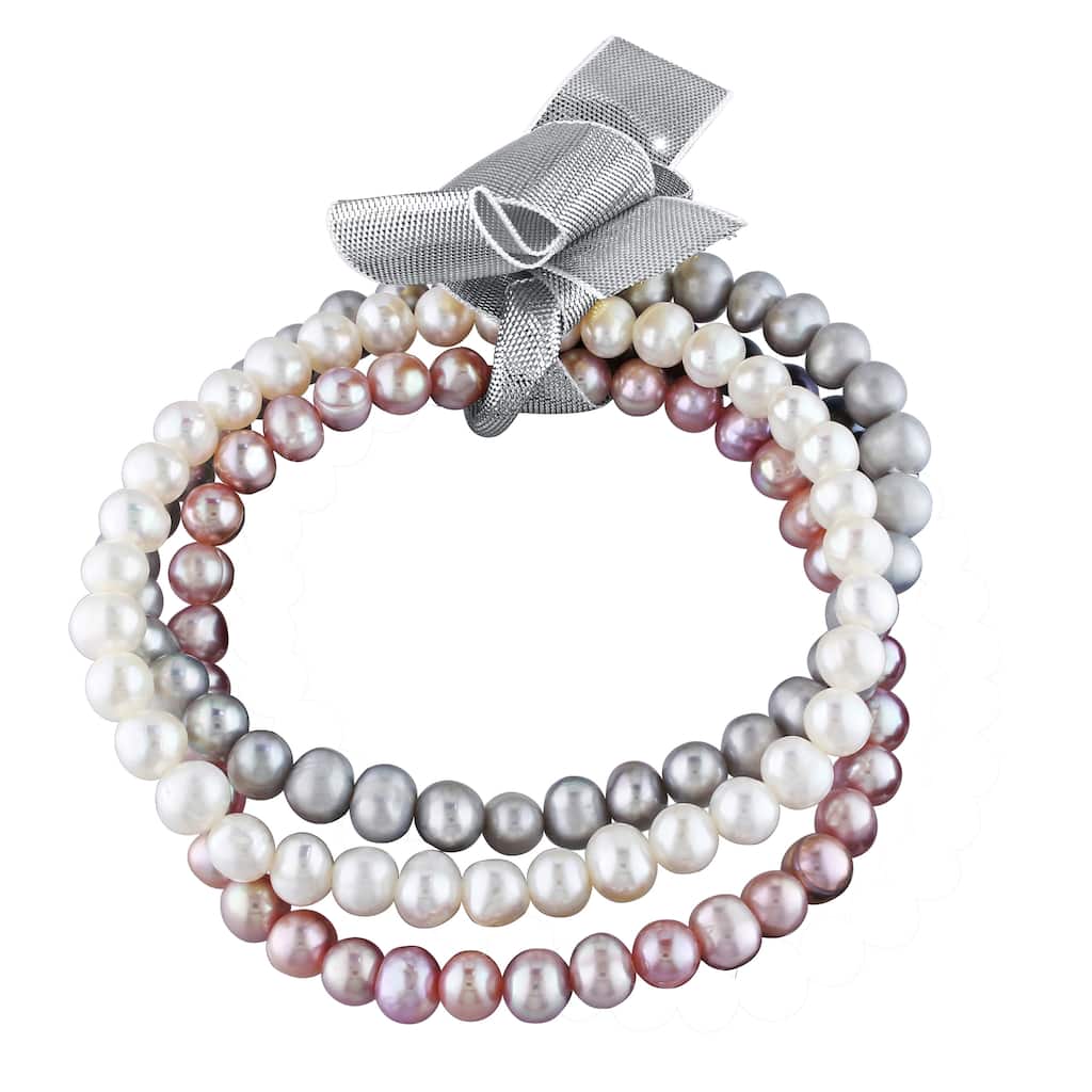 Miadora Multi-color Potato Cultured Freshwater Pearl 3-Strand Elastic Ribbon Bracelet Set (5-5.5mm)