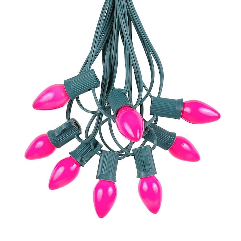 25 Foot C7 Ceramic Christmas Light Set, Hanging String Lights, Green Wire - Pink