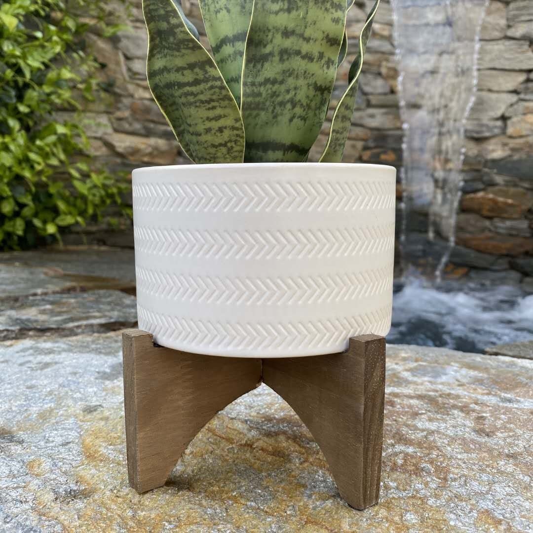 Mid-Century 5" Arrow Ceramic Planter on Wood Stand,Matte White