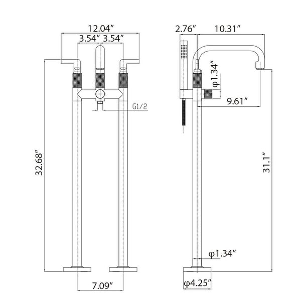 dimension image slide 1 of 4, 33" H Solid Brass Floor Mounted Freestanding Tub Faucet with Hand Shower and Diverter