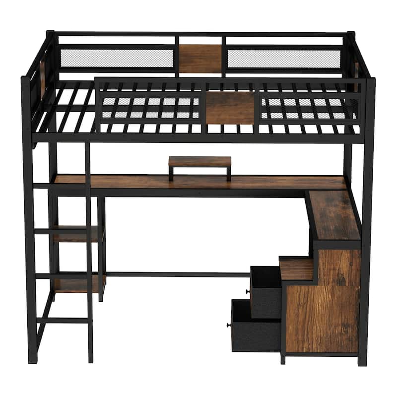 Queen Loft Bed with Desk and Storage Non-woven Fabric Drawers, Metal Loft Bed Frame with Ladders, Nosie-free