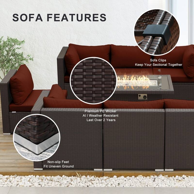 9-Piece Outdoor Brown Wicker Sectional Patio Conversation Set with 43″ Fire Pit Table, Cushion
