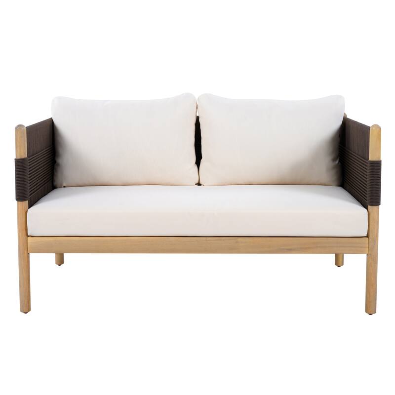 Christopher Knight Home - Outdoor 2-Piece Set with Acacia Wood Loveseat and Coffee Table, Rope Panels & Cushioned Seating