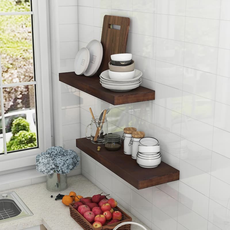 2 Piece Pine Veneer Wood Wall Mounted Floating Shelf
