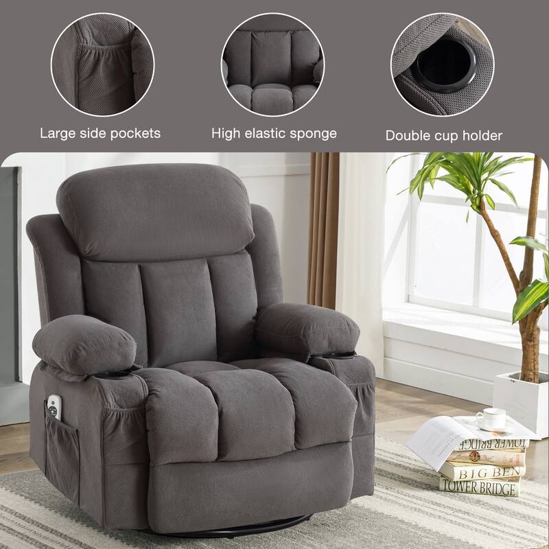 Swinging recliner massage heated sofa with USB and 2 cup holders in side pockets