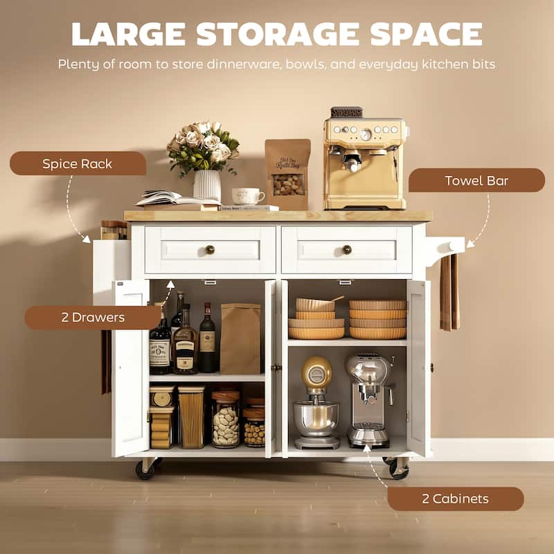 HOMCOM Rolling Kitchen Island Cart with Rubber Wood Top, Spice Rack, Towel Rack & Drawers for Dining Room