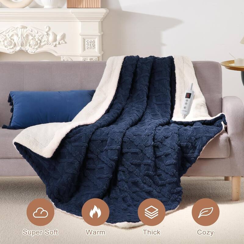Tufted Sherpa Electric Blanket with 6 Heating Levels for Living Room, Bedroom, Blue