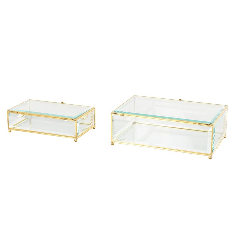 Clear Glass Beveled Decorative Jewelry Box with Gold Metal Frame and Chain Accent (Set of 2)