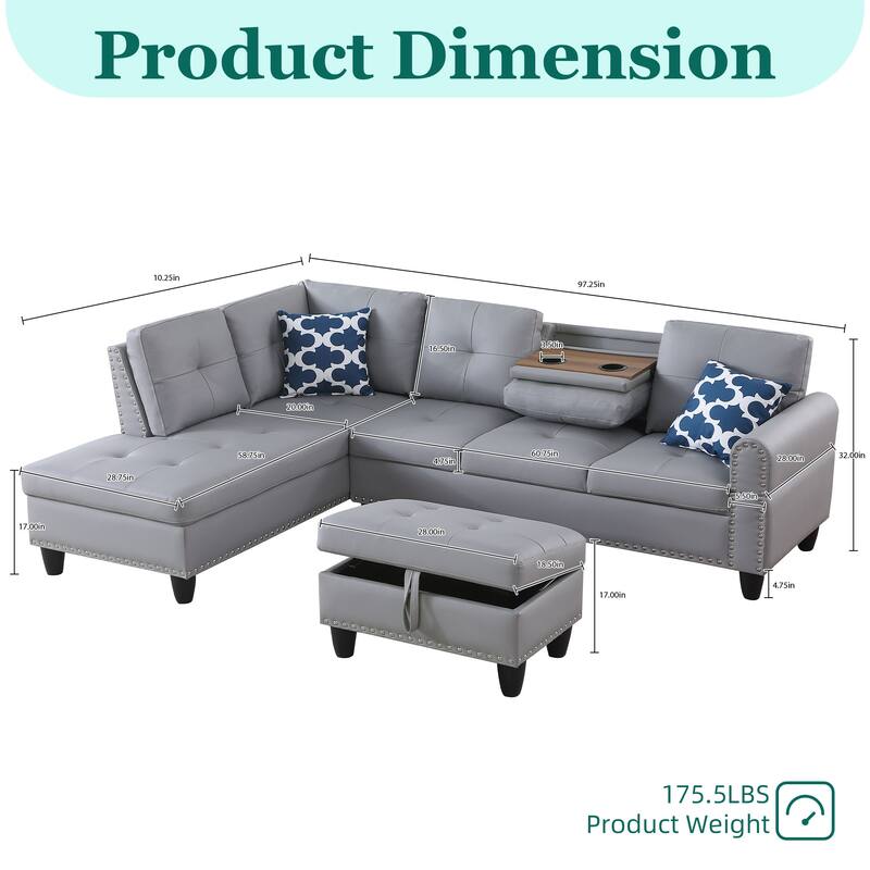 HOMEFUN Linen/Leather Upholstered L-Shaped 4-seater Multifunctional Sectional Sofa with Storage Ottoman,Cup Holder