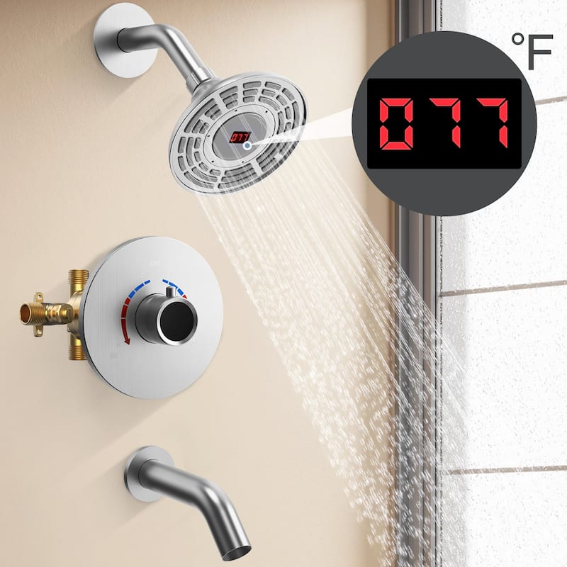 GRANDJOY 5 inch Wall Mount Shower Head with Tub Spout Shower Faucet Set Temperature Display Pressure Balanced Valve