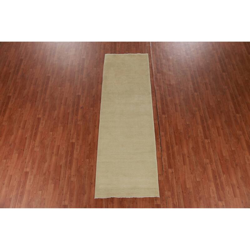 Hand Knotted Oriental 100% Wool Carpet Modern Solid Green Gabbeh Runner Rug - 9' 10'' X 3' 2''