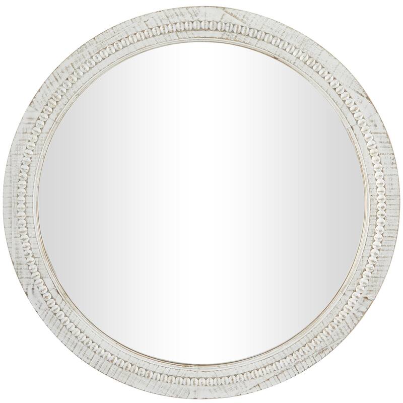 Wood Distressed Carved Beaded Wall Mirror with Beaded Detailing - White - Roche River Decor - White