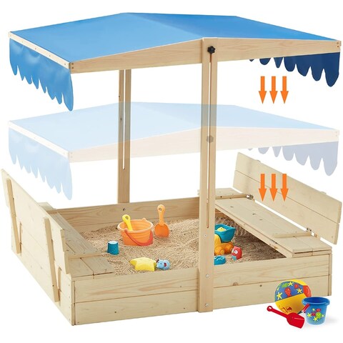 Erommy Kids Wooden Sandbox Outdoor w/ 2 Foldable Bench Seats, Height Adjustable Canopy Roof