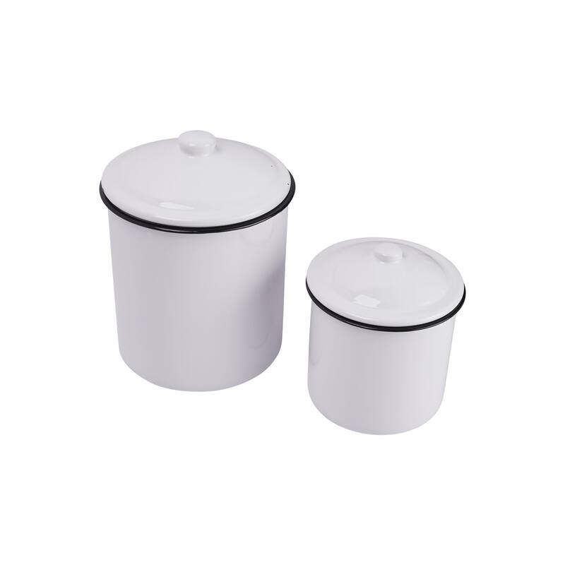 Set of 2 White Enameled Canisters with Lids