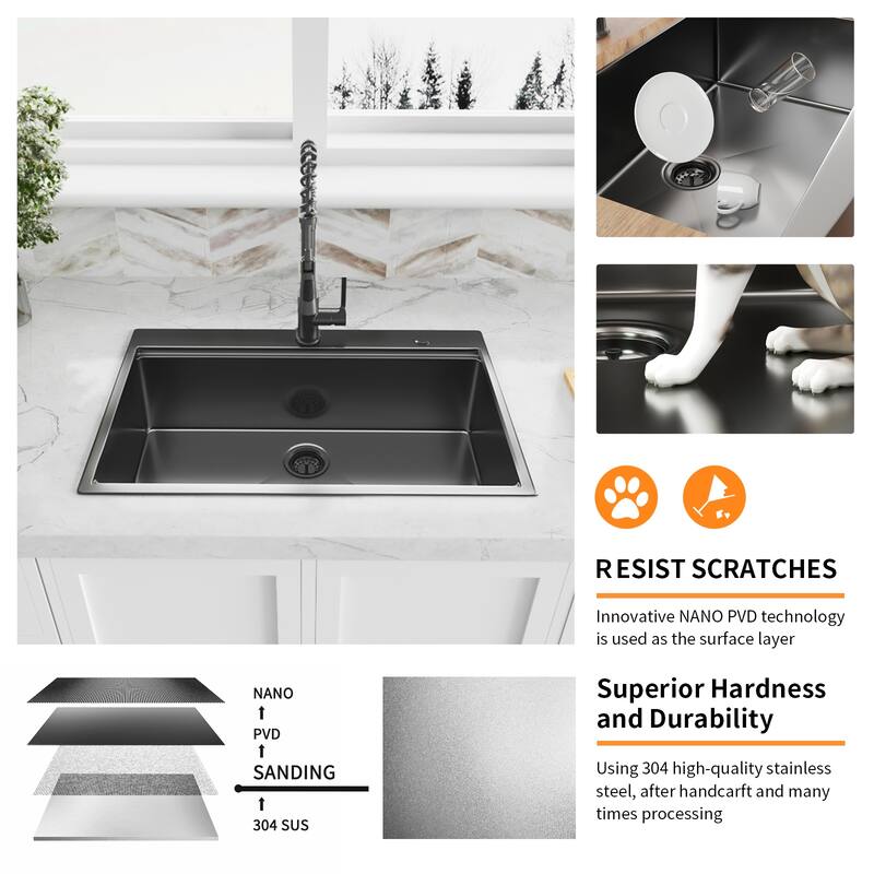 32 inch Gunmetal Black Drop-In Workstation Sink, 18 Gauge Single Bowl Topmount Stainless Steel Kitchen Sink