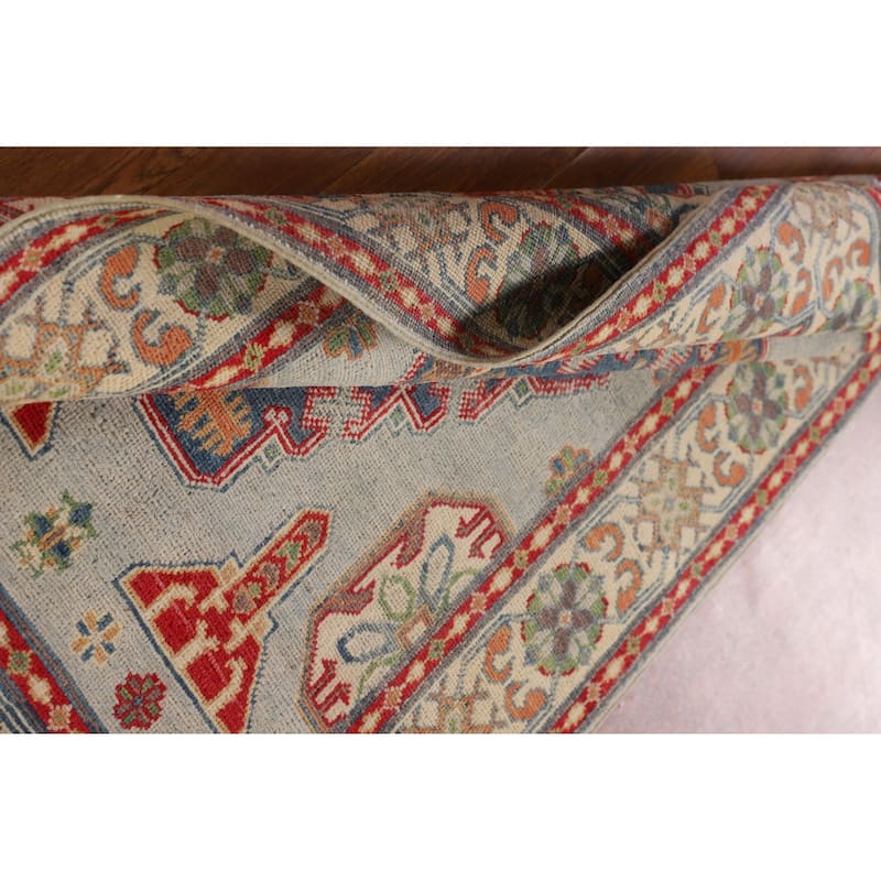 Geometric Grey Kazak Oriental Accent Rug Hand-Knotted Wool Carpet - 3'3"x 4'11"
