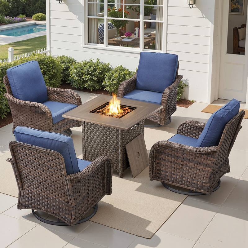 Pocassy Patio Funiture Sofa Swivel Chair Ottoman with Fire Table Set - Blue Cushion - Brown Wicker - 5-Piece Swivel Chair with Fire Pit Table