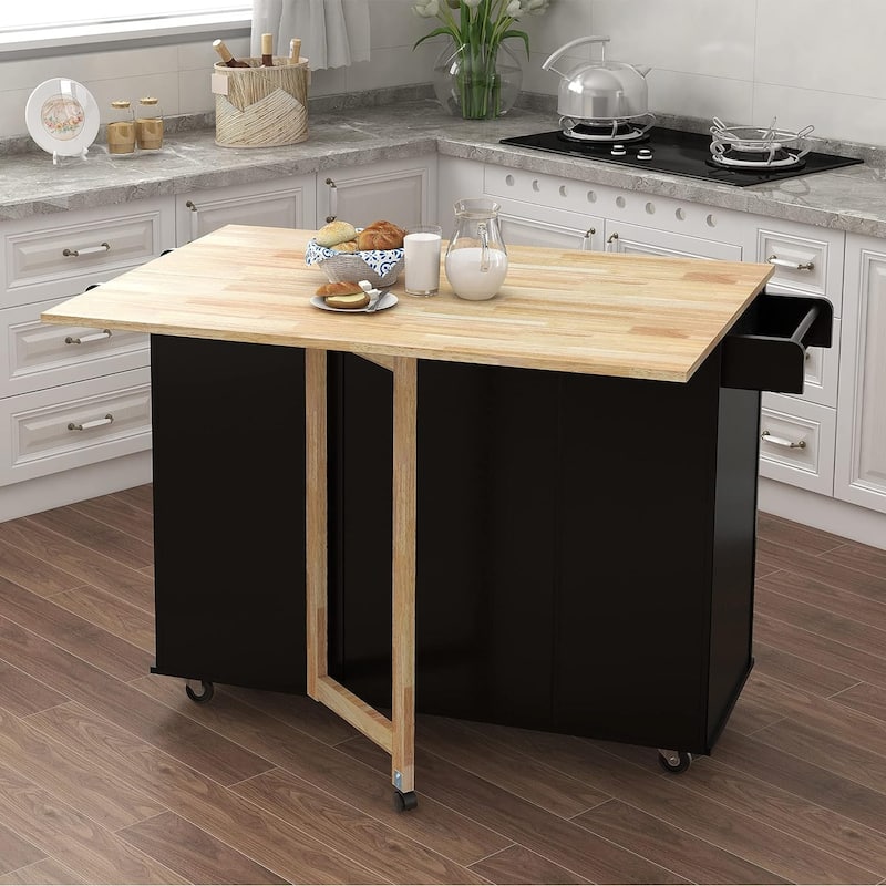 Kitchen Island On Wheels, Rolling Kitchen Island Cart with Spice Rack & Towel Rack, Extensible Solid Wood Table Top