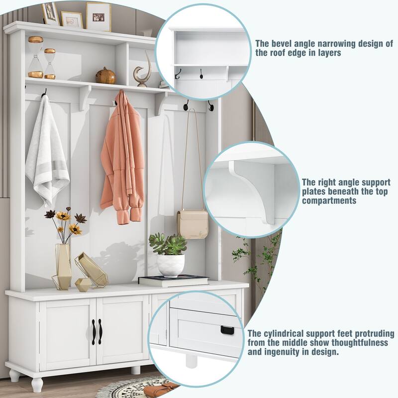 Hall Tree with Storage Cabinet and Large Drawers,Bench with Coat Hooks - White