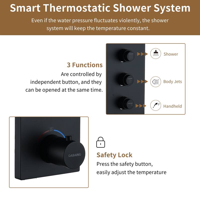 3 Functions 12 Inch Ceiling Mounted Thermostatic Shower System in Matte Black with square shower head