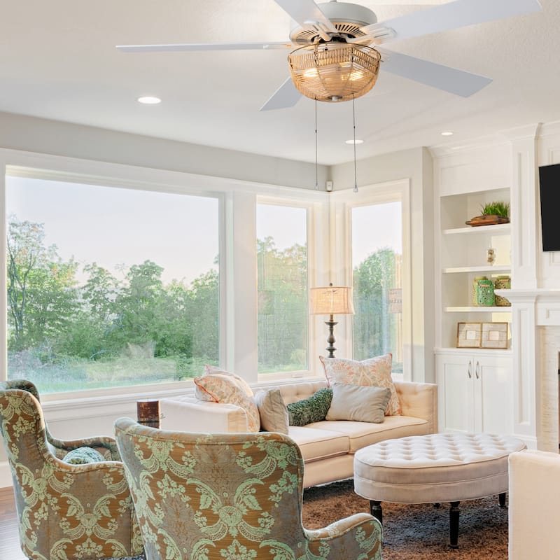 Dylan River of Goods White Metal and Rattan 52-inch 2-Light Ceiling Fan - 52" x 52" x 13.75"/18.75"