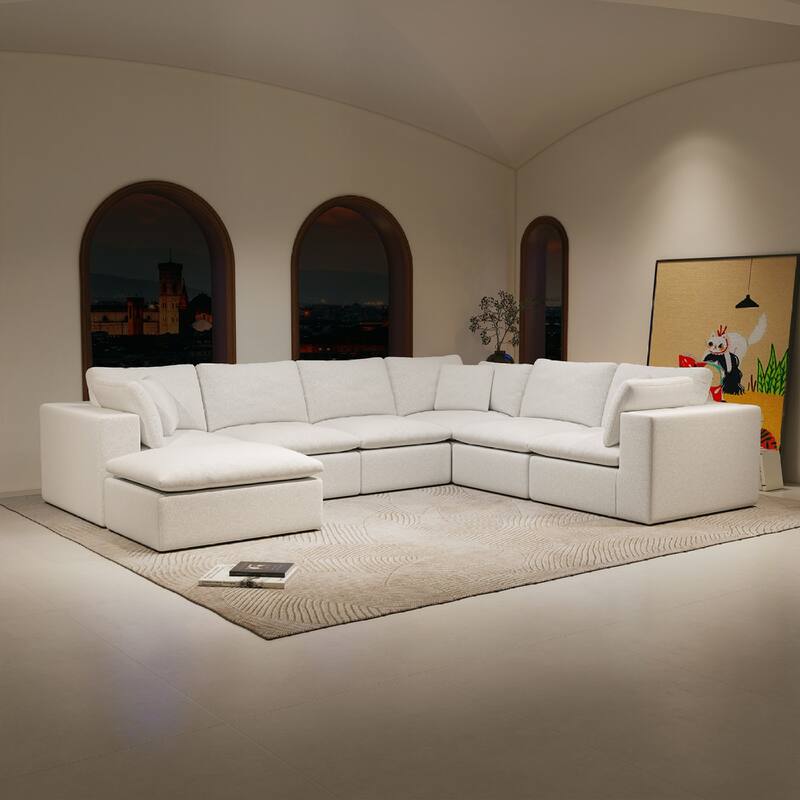 Roomfitters 137.8" Modular Sectional Sofa, 7-Piece Compressed Cloud Couch, No Assembly Required, Plush Corduroy, White