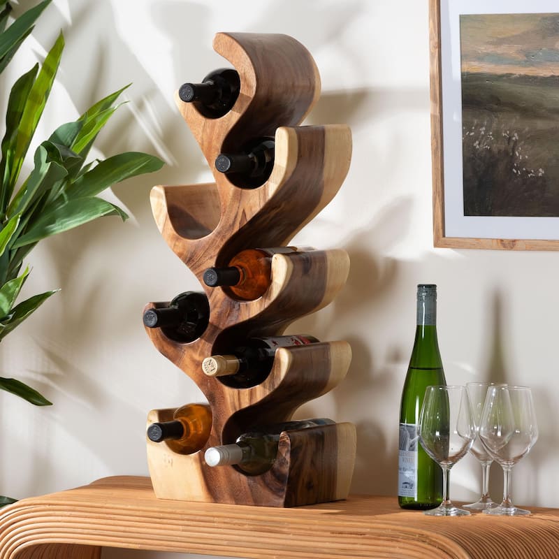 Matana Suar Wood Wine Rack with 8-Bottle Capacity, Modern Rustic Wine Organizer Stand with Tree Branch Design, Free-Standing