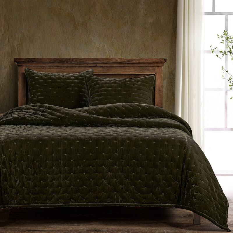 HiEnd Accents Stella Solid Color Faux Silk Velvet Romantic Modern Rustic 3 Piece Quilt Set with Pillow Shams - Fern Green - Queen