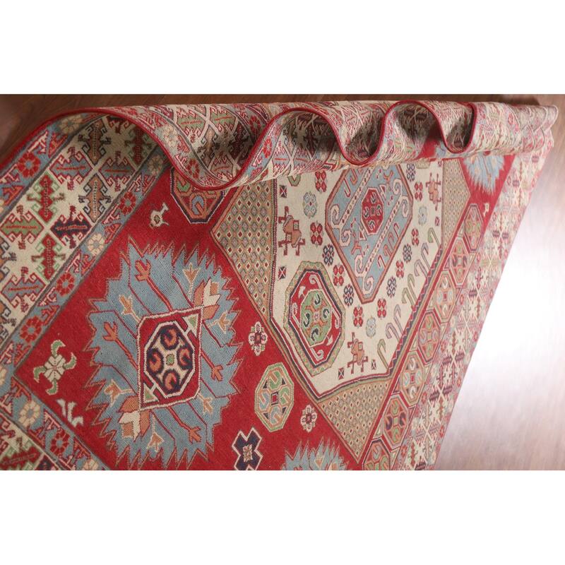 Hand Knotted Oriental 100% Wool Carpet Traditional Geometric Red Kazak Area Rug - 9' 7'' X 6' 4''
