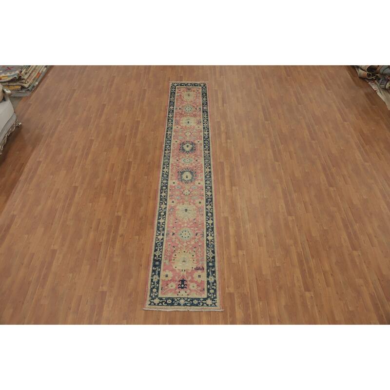 Hand Knotted Oriental 100% Wool Carpet Traditional All-Over Pink Ziegler Runner Rug - 14' 6'' X 2' 7''