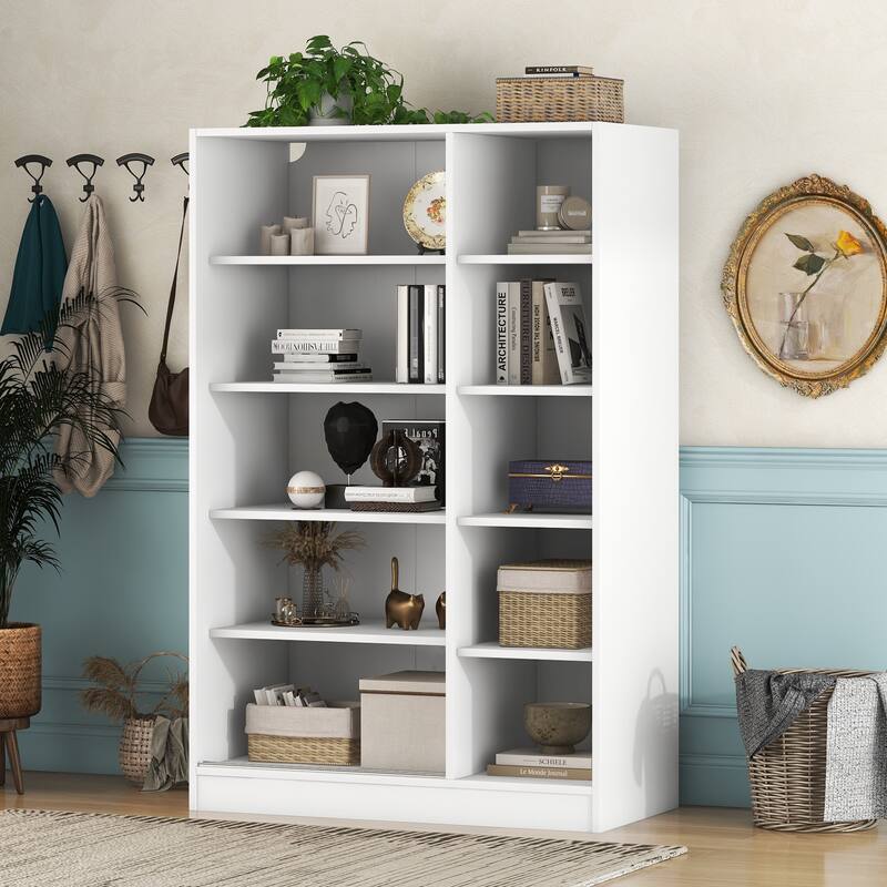 Tall Shutter Armoire Cabinet for Bedroom, Sliding Barn Door Wardrobe with Storage Shelves and Hanging Clothes Rod, White